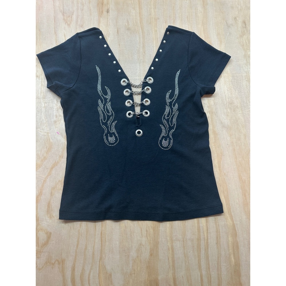 Biker Design Black Chain Link Flame Rhinestone V-Neck Top Womens‎ Large L